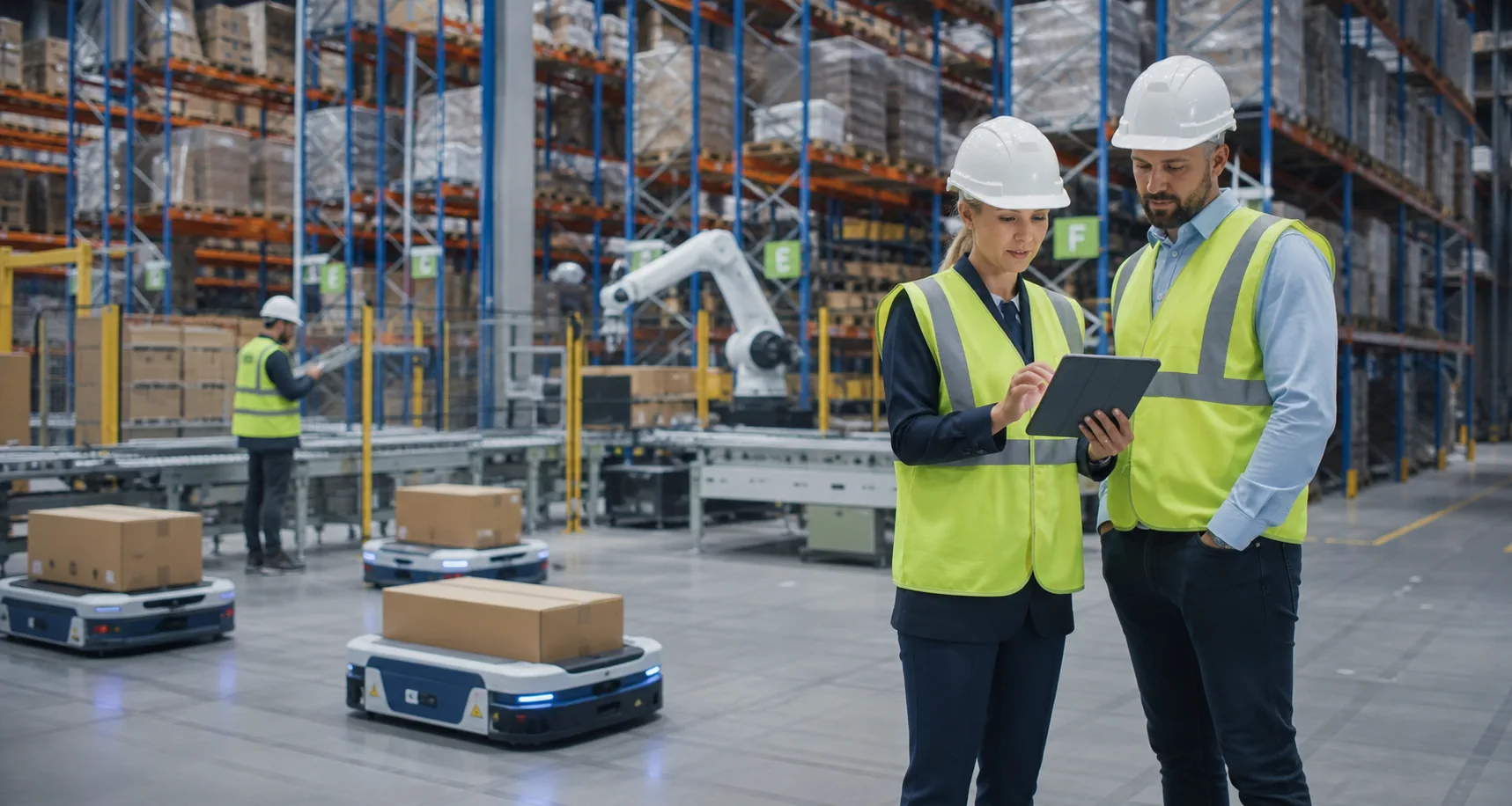 Two warehouse operators in hard hats review a tablet on the floor of an automated distribution center