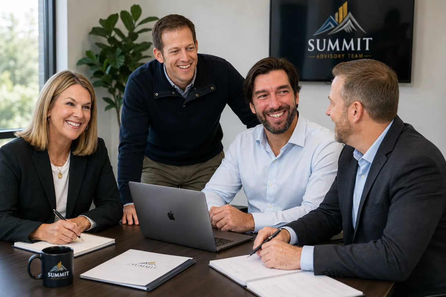 The Summit Advisory Team leadership team collaborating around a laptop