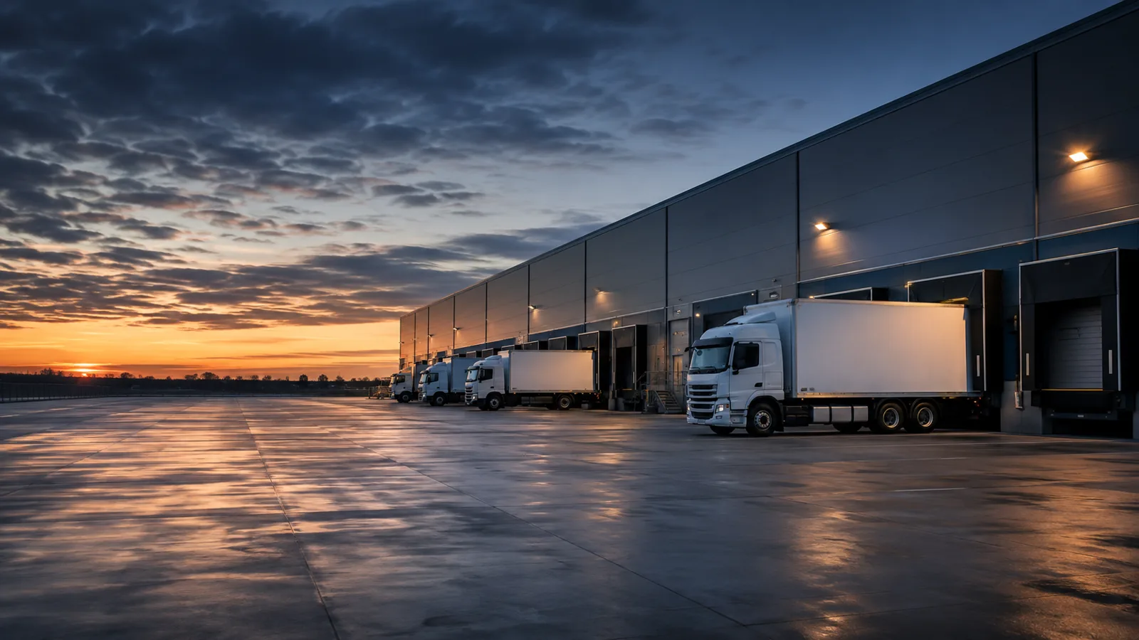 Trailers staged at distribution center dock doors at sunset