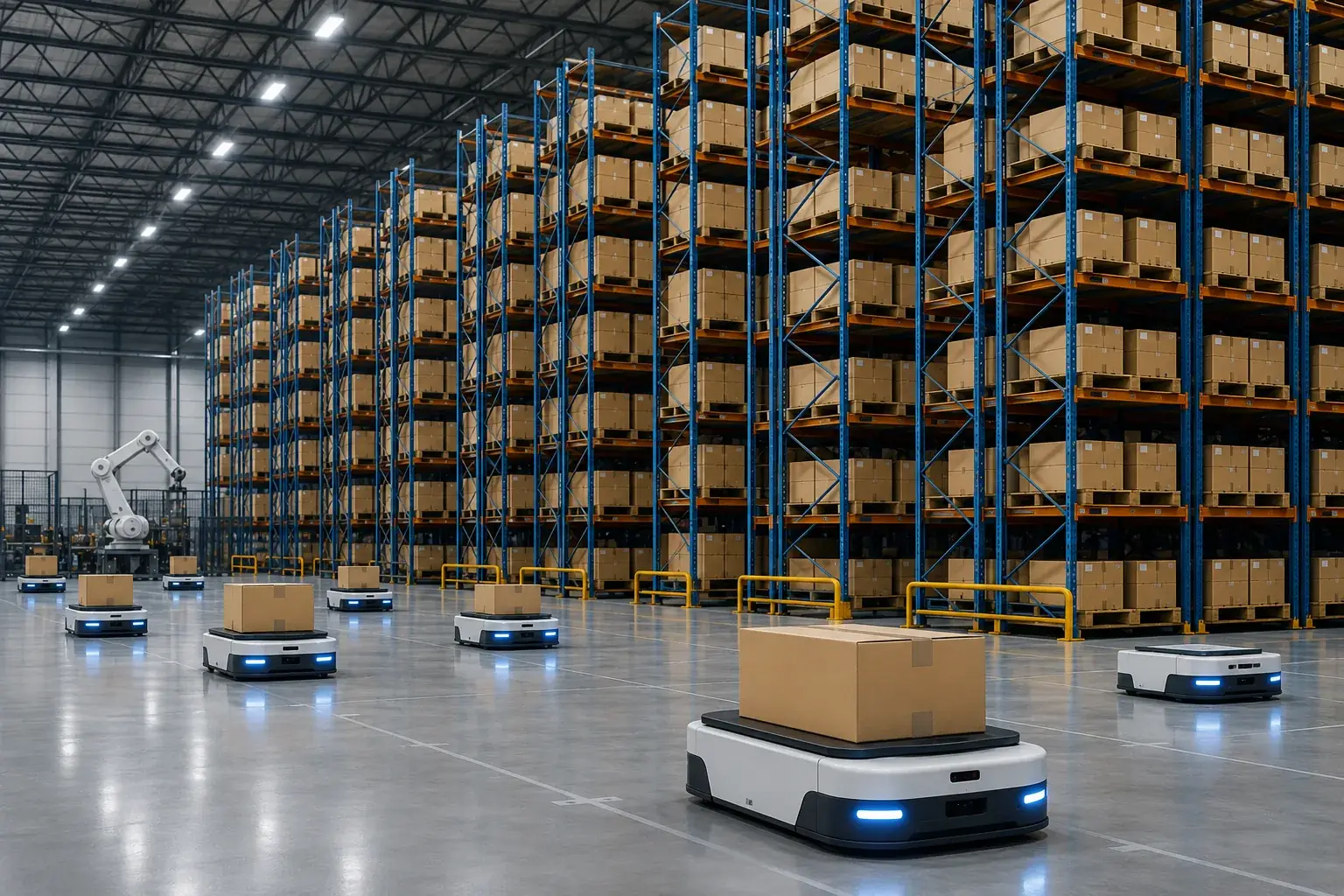Automated mobile robots moving pallets through a high-bay distribution center
